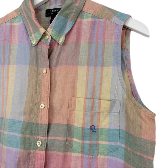Ralph Lauren Pastel Plaid Sleeveless Button Up Shirt - Women's Size L - Picture 3 of 5